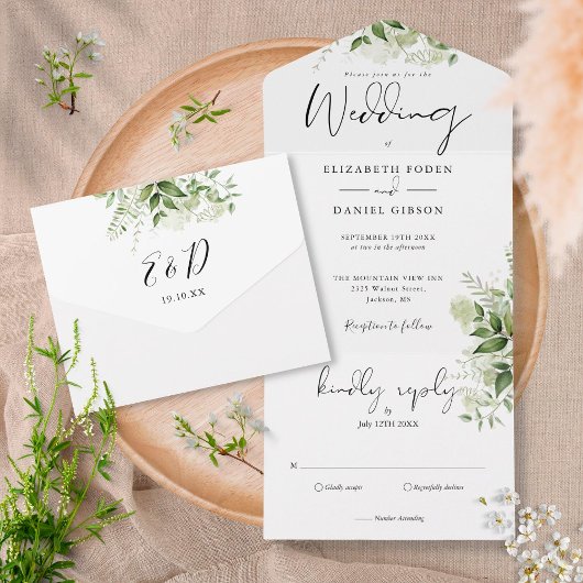 Elegant Botanische Rustic Greenery Wedding All In One Uitnodiging