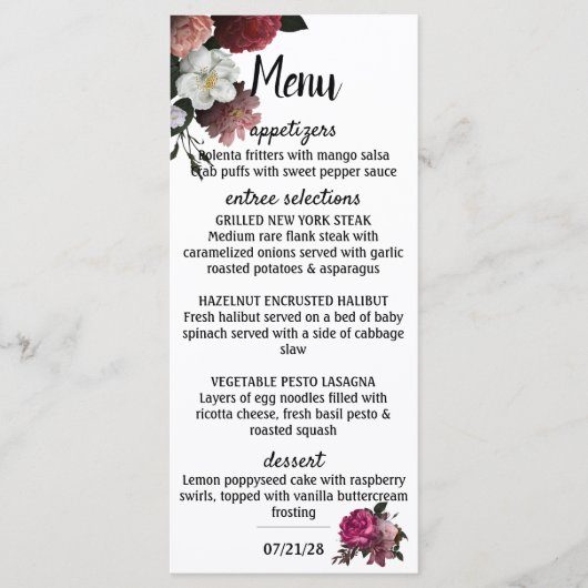 Elegant Bourgogne en roze bloemen Menu (Voorkant)