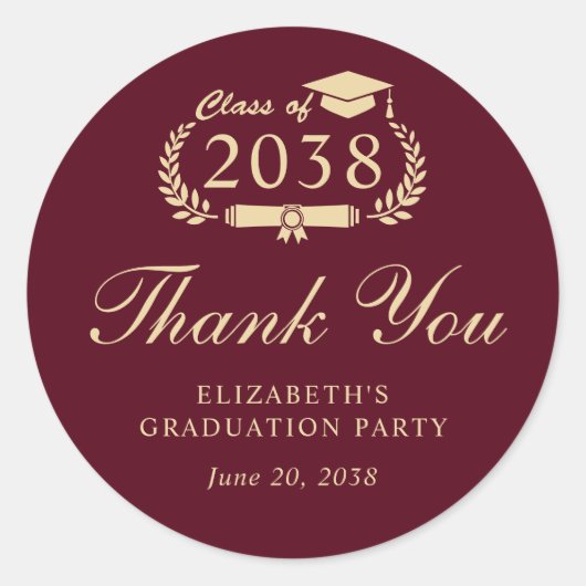 Elegant Bourgogne Goud Afstuderen Dank u Ronde Sticker (Voorkant)