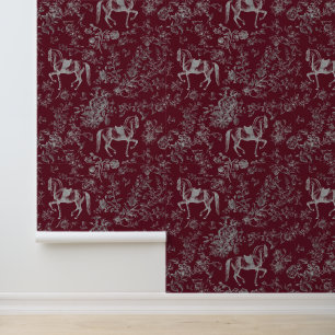 Elegant Bourgogne Grijs Paard Bloemenpatroon Behang