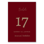 Elegant Bourgogne Script Aangepaste tabel Nummer K Kaart (Achterkant)