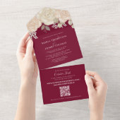 Elegant Bourgogne Waterverf Floral QR Code Website All In One Uitnodiging (Afscheurbaar)