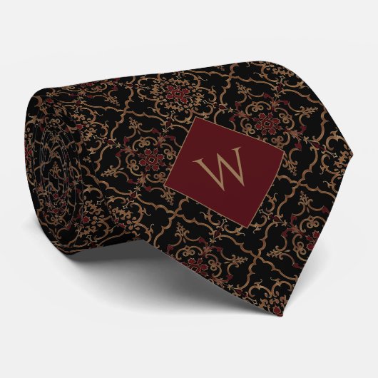 Elegant Bourgogne & zwart monogram Stropdas (Opgerold)