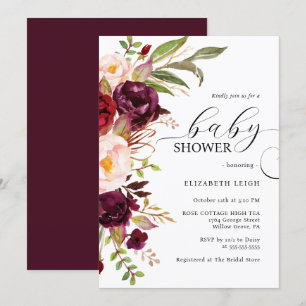 Elegant Bourgondië Bloemen Baby shower Uitnodiging