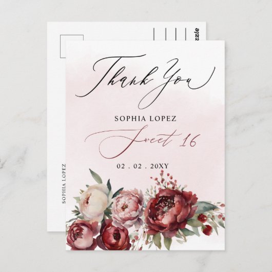 Elegant Bourgondië Blush Bloemen Zoet 16 Dank u Briefkaart (Voorkant / Achterkant)