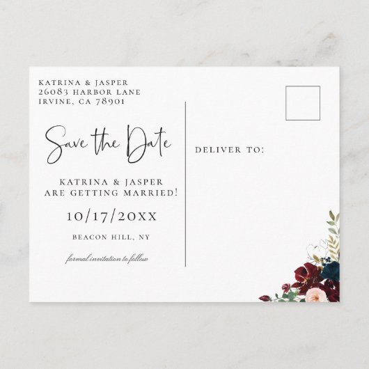 Elegant Bourgondië Blush Navy Bloemen Save the Dat Aankondigingskaart (Achterkant)