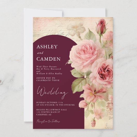 Elegant Bourgondië en Blush Roze Bruiloft Kaart (Voorkant)