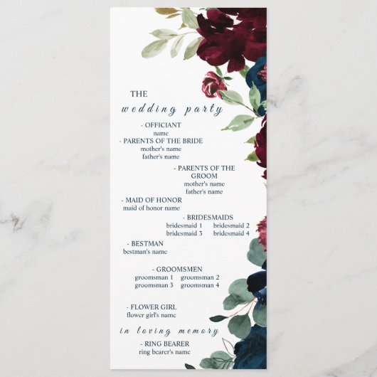 Elegant Bourgondië en marine blauwe bloemen bruilo Programma (Achterkant)