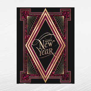 Elegant Bourgondië Goud Art Deco Nieuwjaar Feestdagenkaart