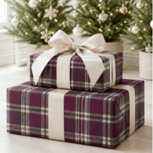 Elegant Bourgondië Kerstmis Tartan Plaid Inpakpapi Cadeaupapier