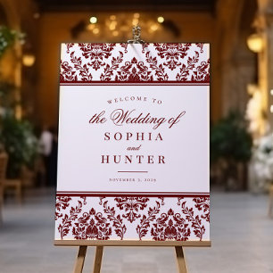 Elegant Bourgondië Wit Damask Bruiloft Welkomstbor Poster