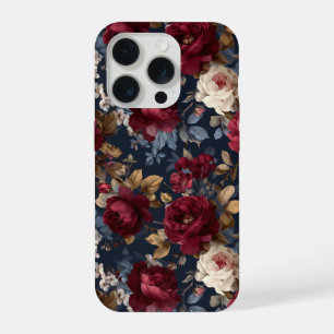 Elegant Bourgondiërroos Navy Bloemmotief iPhone 15 Pro Hoesje