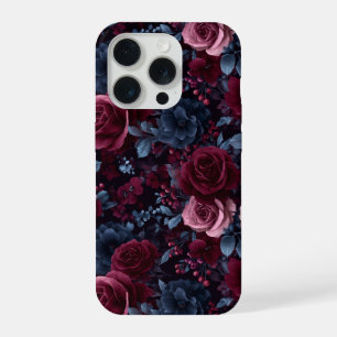 Elegant Bourgondiërroos Navy Bloemmotief iPhone 15 Pro Hoesje
