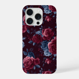 Elegant Bourgondiërroos Navy Bloemmotief iPhone 15 Pro Hoesje