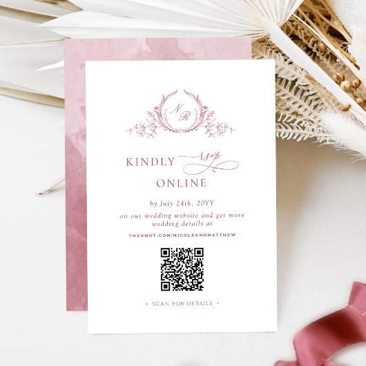 Elegant Bourgondisch Monogram RSVP Online QR-code Informatiekaartje