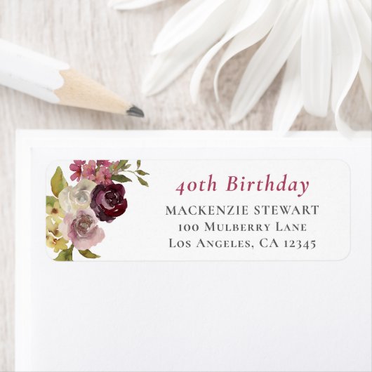 Elegant Bourgondisch Roze Bloemen Retouradres Etiket (Insitu)