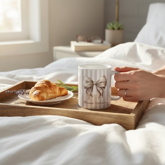 Elegant Bow Beige Stripes Name Mug