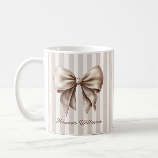 Elegant Bow Beige Stripes Name Mug Koffiemok (Links)