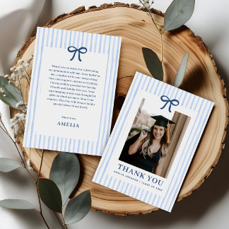 Elegant Bow Blue Striped Photo Graduation Bedankkaart