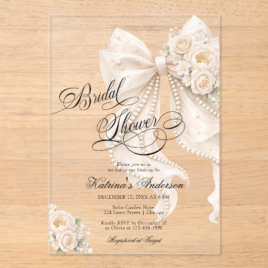 Elegant Bow Floral Bridal Shower  Acryl Uitnodigingen (Voorkant)