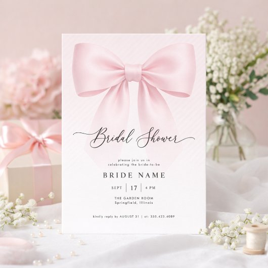 Elegant Bow Modern Script Stripe Bridal Shower Kaart