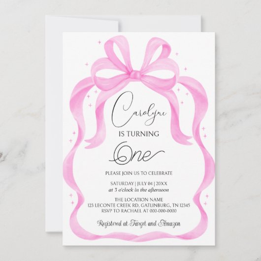 Elégant Bow rose 1er anniversaire Invitation (Devant)