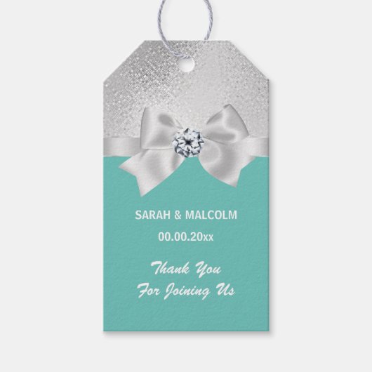Elegant bow Silver blauwgroen voor bruiloft Cadeaulabel (Voorkant)