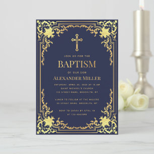Elegant Boy Baptism Navy Blue Faux Gold  Kaart