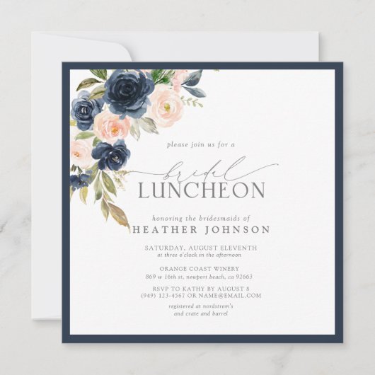 Elegant Bridal Luncheon Navy Blue Blush Pink Kaart (Voorkant)