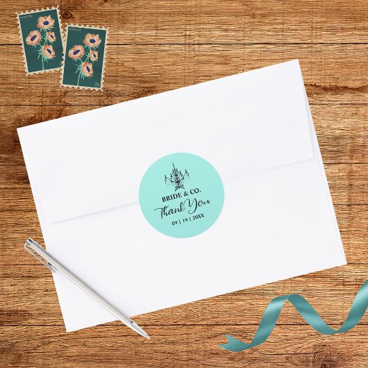 Elegant Bride & Co. Bruiloftsfeest Teal Ronde Sticker