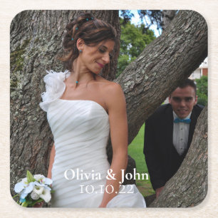 Elegant Bride en Groom Custom Photo Square Paper Vierkante Kartonnen Onderzetter