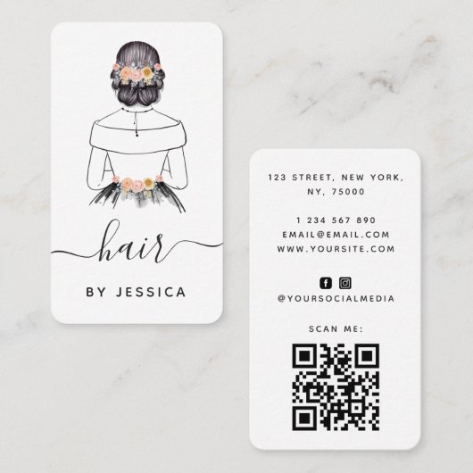 Elegant Bride Floral Chic Hairstyle Braid QR Code Visitekaartje (Voorkant / Achterkant)