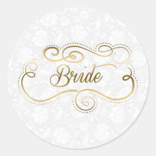 Elegant Bride Gold-tekst & Zwirly-Lijst Ronde Sticker