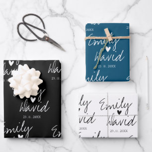 Elegant Bride Groom Names Black Blue White Weddens Inpakpapier Vel