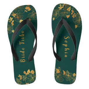 Elegant Bride Tribe Emerald Green & Gold Foliage Teenslippers