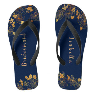 Elegant Bridesmaid Gold Floral Navy Blue Teenslippers