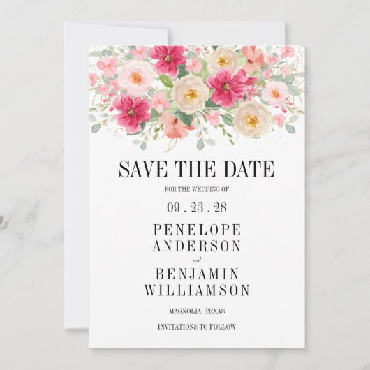Elegant Bright Pink Floral Wedding Save The Date (Voorkant)