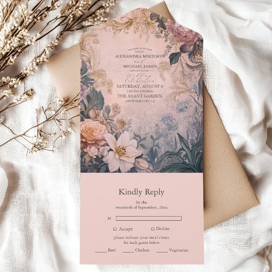 Elegant Bright Roze Waterverf Floral Wedding All In One Uitnodiging