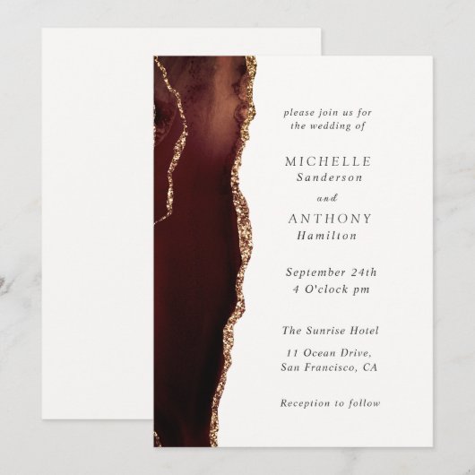Elégant Brown Agate Gold Invitation (Devant / Derrière)