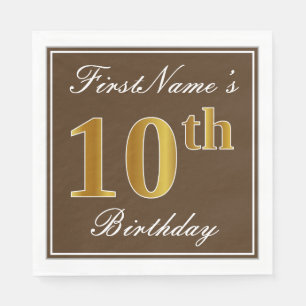Elegant Brown, Faux Gold 10th Birthday + naam Servetten