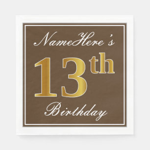 Elegant Brown, Faux Gold 13th Birthday + naam Servet