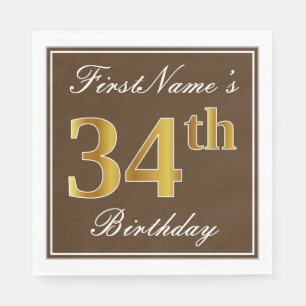 Elegant Brown, Faux Gold 34th Birthday + naam Servet