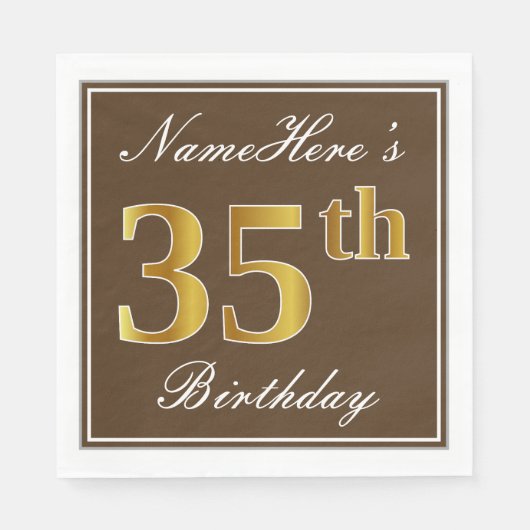 Elegant Brown, Faux Gold 35th Birthday + Naam Servetten (Voorkant)