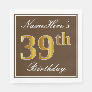 Elegant Brown, Faux Gold 39th Birthday + naam Servet