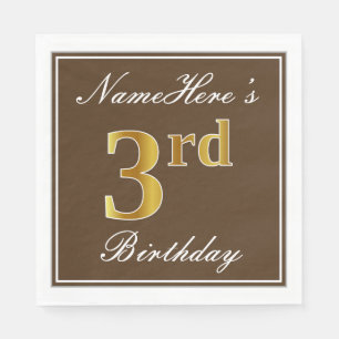 Elegant Brown, Faux Gold 3rd Birthday; Aangepaste  Servet