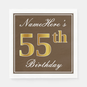Elegant Brown, Faux Gold 55th Birthday + Name Servetten