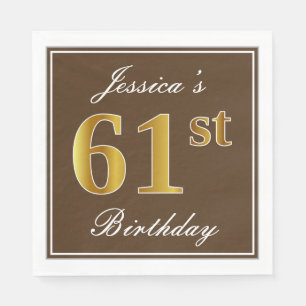 Elegant Brown, Faux Gold 61st Birthday + naam Servet