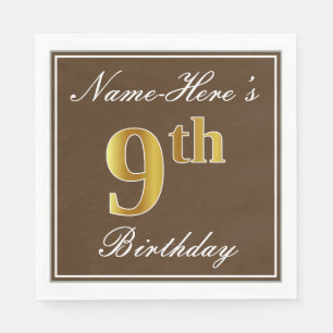 Elegant Brown, Faux Gold 9th Birthday; Aangepaste  Servetten