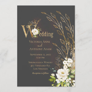 Elegant Brown Floral Rustic Script Wedding Kaart
