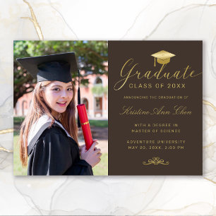 Elegant Brown Gold Formal Script Photo Afstuderen Aankondiging